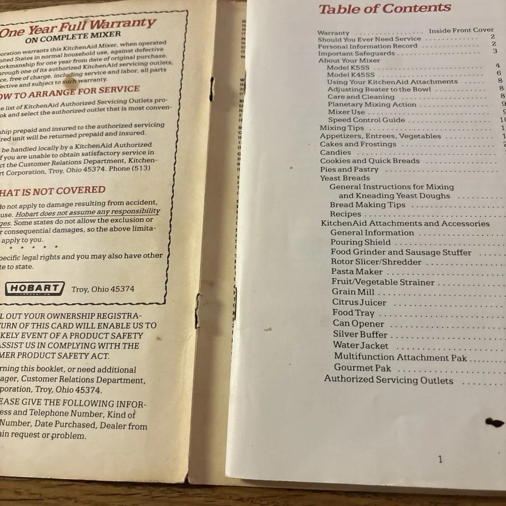 Vintage KitchenAid Mixers and Attachments Recipes and Instructions Book 1985